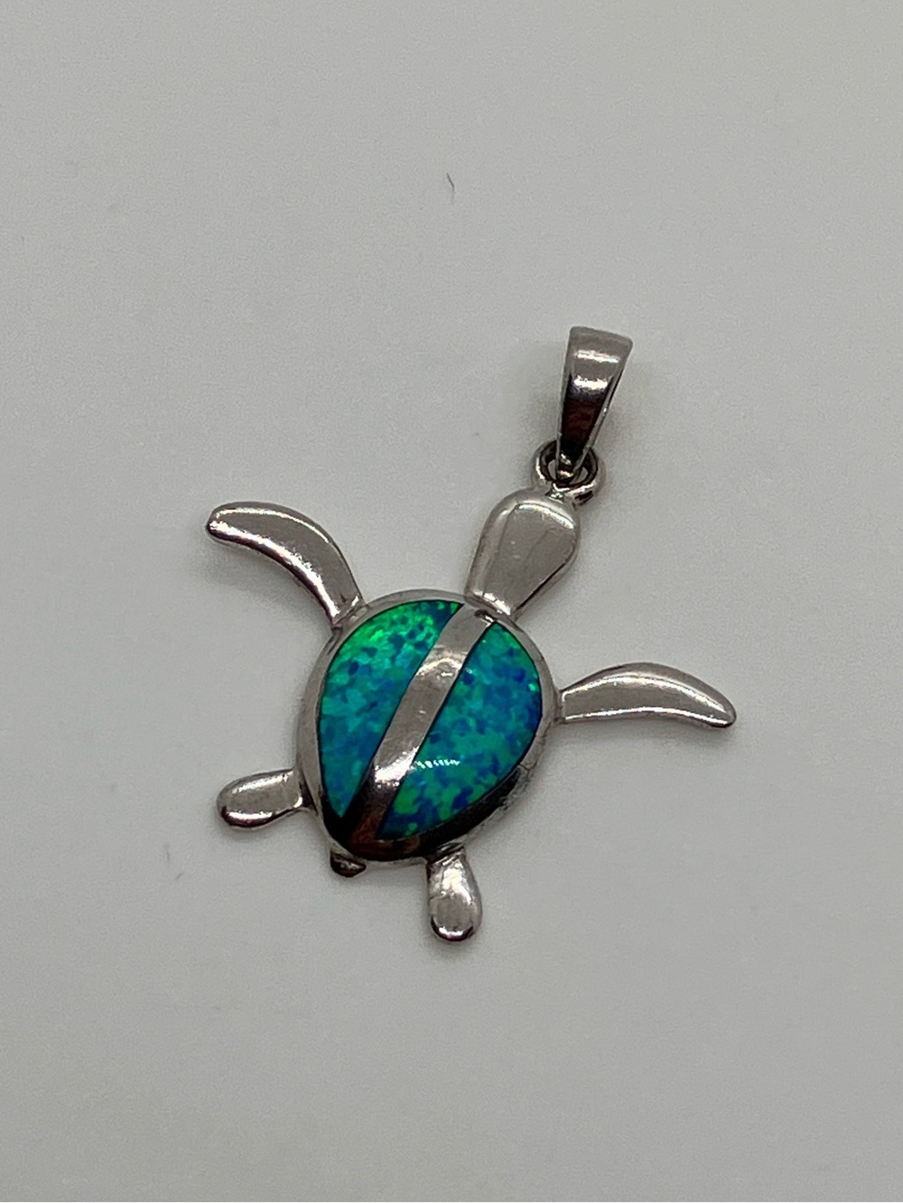 925 Sterling Silver Simulated Blue Green Fire Opal Sea Turtle Necklace Pendant